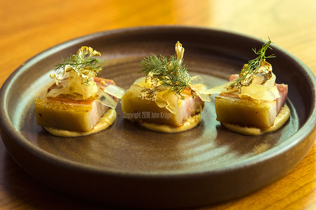 Cute little pieces of pork belly at George's on Waymouth. Photo: John Krüger